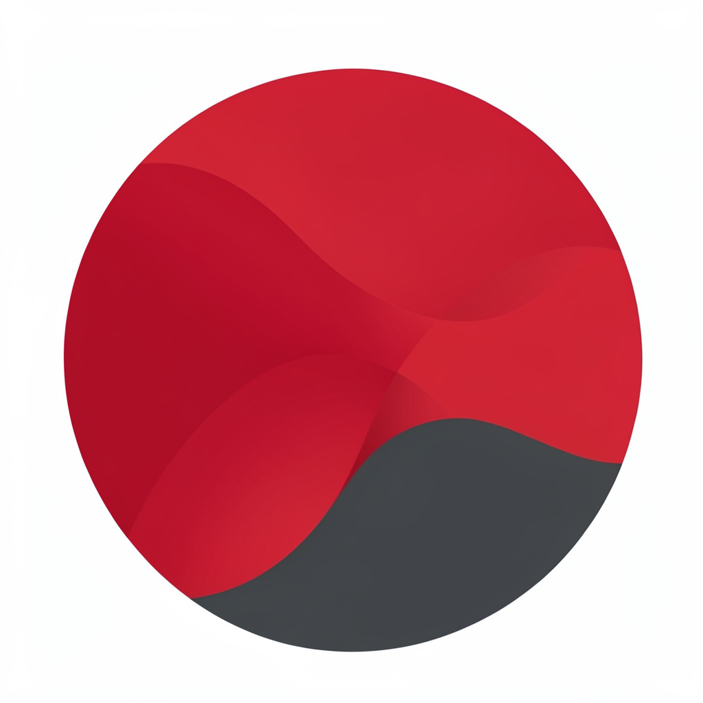 Abstract geometric badge in crimson red and charcoal, bold sans-serif lettering style