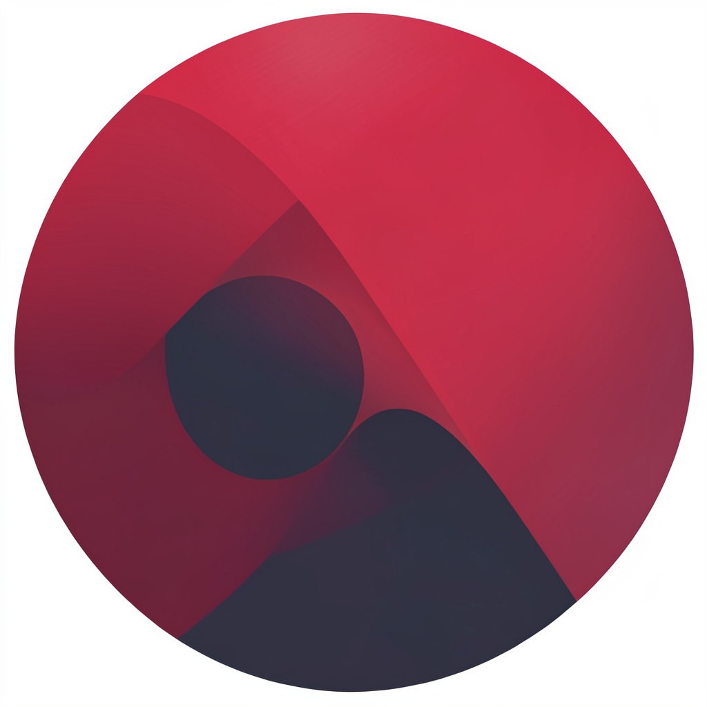 Abstract circular badge in crimson and charcoal tones, bold geometric mark